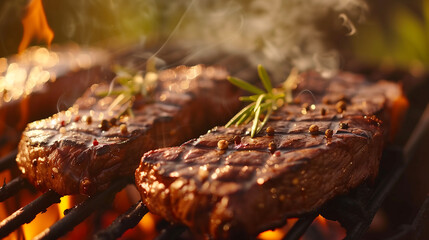 A sizzling barbecue garden grill adorned with succulent beef steaks, captured in a tantalizing close-up that evokes the mouthwatering aroma of outdoor cooking. Keywords Barbecue grill, 