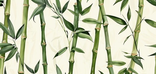 Bamboo pattern wallpaper, green stalks and leaves, natural and calming.