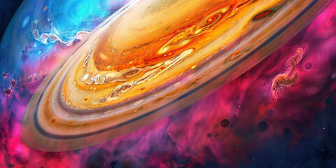 A colossal, vibrantly-hued gas giant dwarfs the surrounding landscape, its ethereal clouds swirling with mesmerizing beauty.