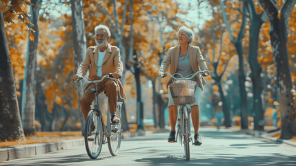 Fototapeta premium Two Older Women Riding Bikes Down a Tree-Lined Street