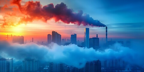 Impact of industrial plant emissions on cityscape and environment. Concept Air Pollution, Urban Development, Environmental Impact, Industrial Emissions, Cityscape Transformation