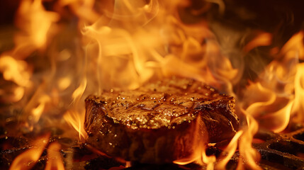 A succulent beef steak sizzles on the grill, engulfed in fiery flames that sear and char its surface, creating an enticing aroma and visual spectacle. 
