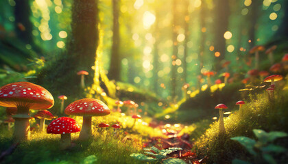 Beautiful fantasy magic forest with fly agaric mushrooms and light spots. Fairy tale outdoor background. Generative AI