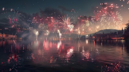 The rippling waters of a tranquil lake reflect a brilliant display of patriotic fervor, as fireworks cascade in shimmering hues, mirroring the nation's pride.