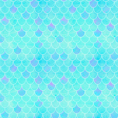 Mermaid fish scale seamless pattern. Watercolor hand drawn bright colorful background with white contour. Watercolor scales shaped texture. Print for textile, background, wrapping.