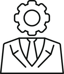 A linear icon illustrating a gear in the place of a head, symbolizing strategic thinking in business