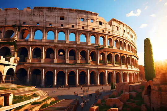 view of the Anphitheatre Colosseum with the sun in the city.