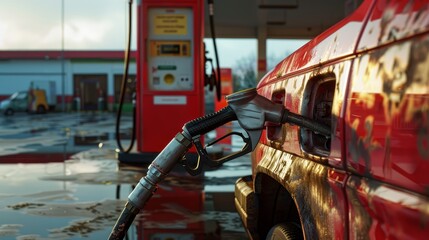Red car being refueled at a gas station with a fuel pump inserted under a cloudy sky at sunset, highlighting reflective surfaces.