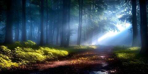 Enchanting Forest Path with Sun Rays, Dew, and Towering Oak Trees. Concept Enchanting Forest, Sun Rays, Dew Drops, Towering Oak Trees, Nature Photography