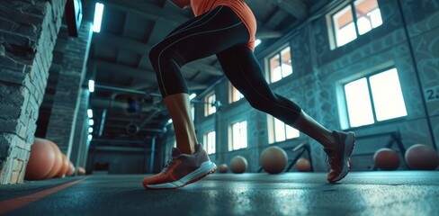 Low-angle shot of a person running indoors in a gym, highlighting the workout environment and fitness focus.
