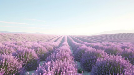 Obraz premium Lavender field in bloom under blue sky, showcasing vibrant purple flowers stretching to the horizon in a serene landscape.