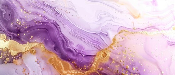 wide banner background featuring gold violet marble alcohol ink illustration