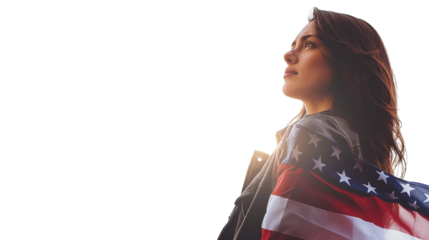 A young woman with the American USA flag isolated on a transparent background, PNG file, advertisement, template, mockup template, 