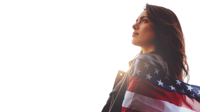 A young woman with the American USA flag isolated on a transparent background, PNG file, advertisement, template, mockup template, 