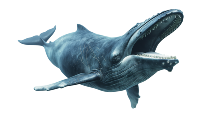 Whale - Blue whale swimming with open mouth isolated on a transparent background, PNG file, advertisement, template, mockup template,