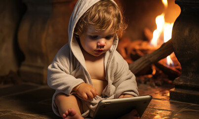 generated illustration of  child with tablet computer.