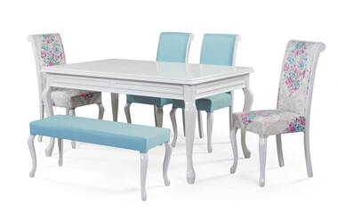 wooden dining table set isolated on white background . table and chair .