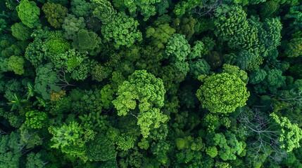 Aerial view of lush, green tropical rainforest with dense foliage, capturing the vibrant nature and ecological beauty from above.