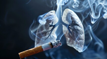 Graphic illustration of cigarette smoke affecting human lungs, highlighting the health risks associated with smoking and lung diseases.