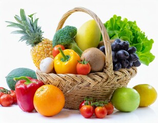 vegetables and fruits in a basket isolated on white background. AI generated