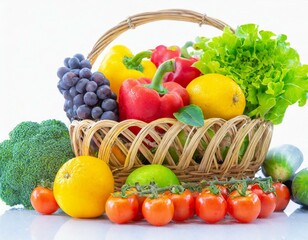 vegetables and fruits in a basket isolated on white background. AI generated