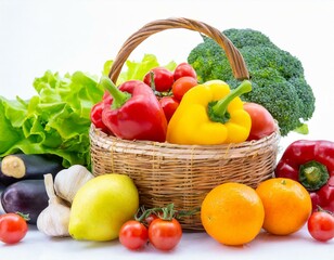 vegetables and fruits in a basket isolated on white background. AI generated