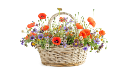 Wicker basket with a bouquet of summer wildflowers poppy. Blooming flowers red poppies, pansies, and herbs in a meadow wreath isolated on a transparent background