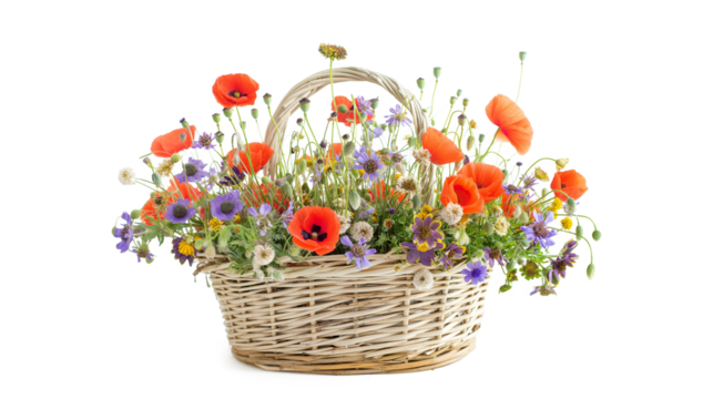 Wicker basket with a bouquet of summer wildflowers poppy. Blooming flowers red poppies, pansies, and herbs in a meadow wreath isolated on a transparent background