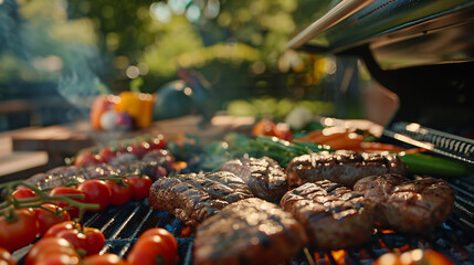 Closeup shot of a contemporary grill adorned with juicy meats and colorful vegetables, set against the backdrop of an outdoor setting, 
