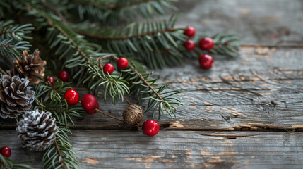 Pine Cones and Red Berries on a Wooden Table