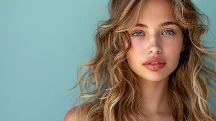 Fototapeta premium Close-up of blonde woman with wavy hair against a blue background. Studio beauty portrait. Natural look and hair fashion concept for design and print