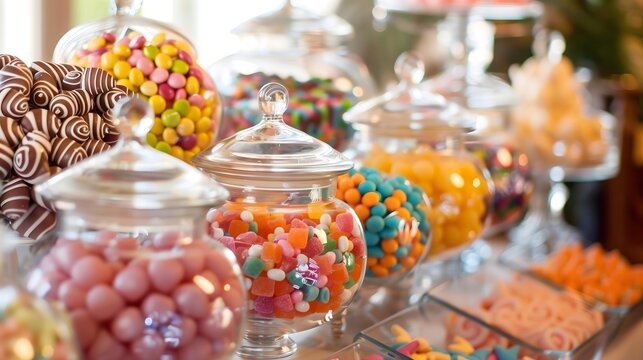 A festive candy buffet with jars of various sweets, themed for a birthday party