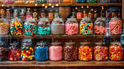 An array of colorful candies in glass jars, displayed on a vintage candy shop counter
