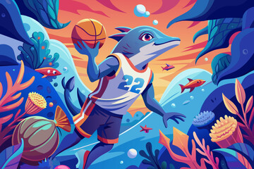 Dolphin playing basketball under the sea vector illustration