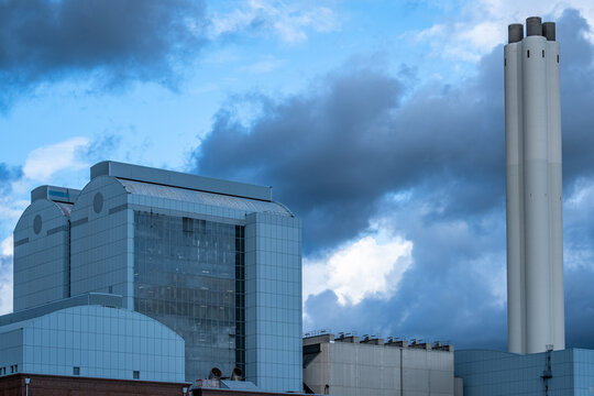 Hamburg, Germany - 08 31 2023: View of the Tiefstack thermal power plant in Hamburg in front of a dramatic cloudy sky