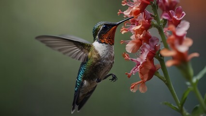 A hummingbird sitting on a flower stem, it sips nectar from the vibrant petals