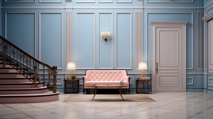 Interior design in neoclassical style with furnishings and decor
