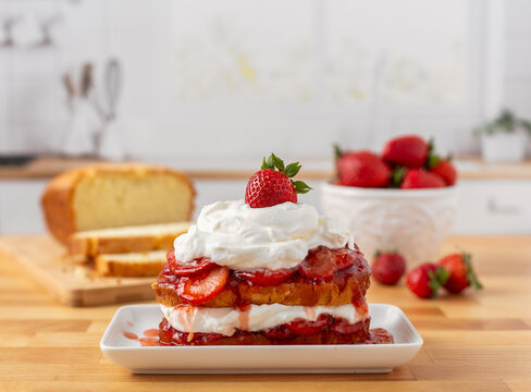 Strawberry Shortcake on White Plate on Kitchen Counter