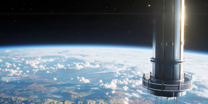 A space elevator rises from the Earth's surface to a floating platform in the sky