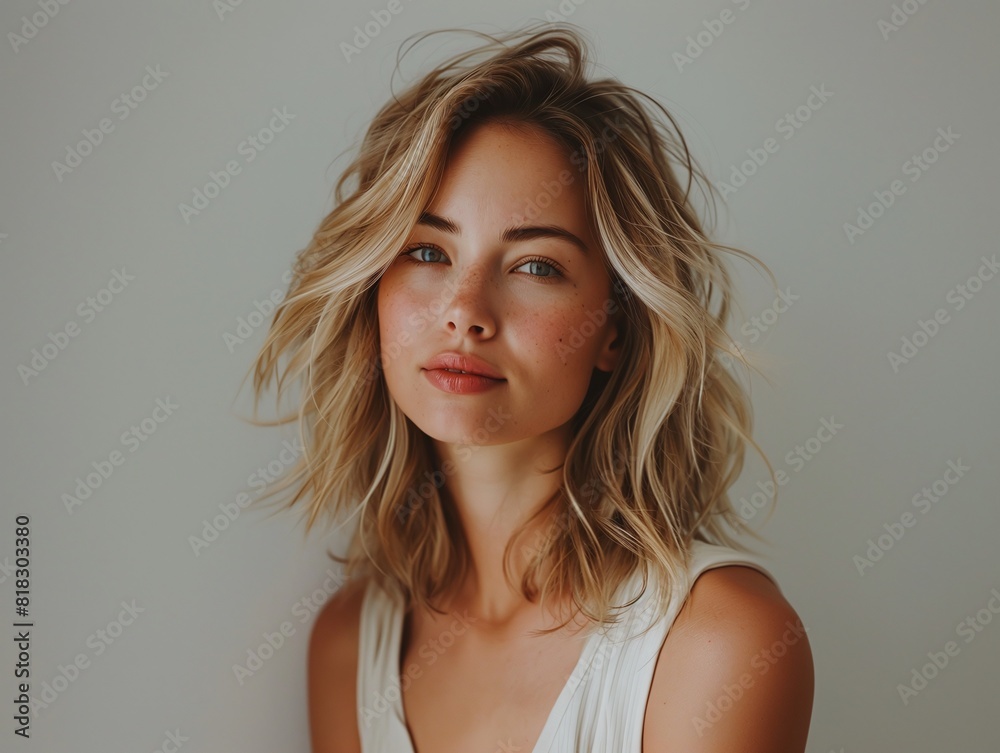 Wall mural Portrait of Blonde Woman with Wavy Hair, Natural Beauty, Studio Shot, Minimalist Background