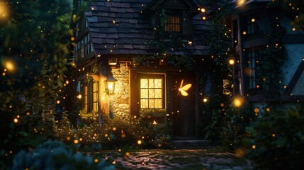 Front view of an old house with hanged lanterns and flying fireflies around. Fantasy concept
