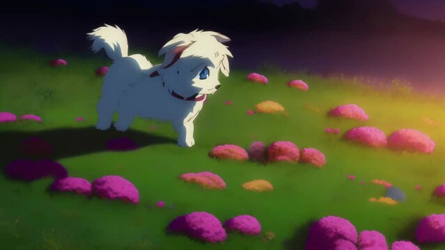 A small white dog on the flowering grass, illuminated by the evening light. Fairytale and charming atmosphere