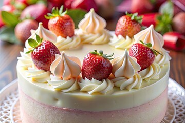 Strawberry topped cream cake on wooden table