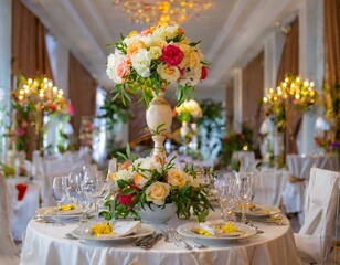 Lavishly decorated wedding reception area in a luxury hotel, with exquisite details and ambiance. AI generated
