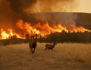 Fototapeta premium Wildfire with Flames and Smoke Near Wildlife