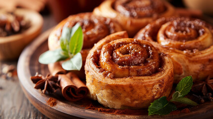 freshly baked cinnamon rolls on wooden table
