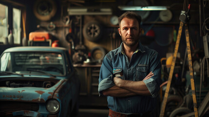 portrait of a car mechanic in his workshop