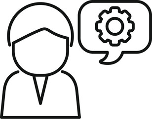 Simplified icon of a person with a gear in a speech bubble, representing customer service