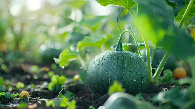 close shot of squash plant in the vegetable garden in the morning ligh fresh watersrops