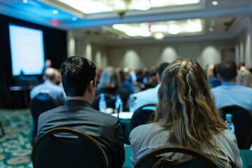 A man and woman sit in a conference room, listening to a presentation
